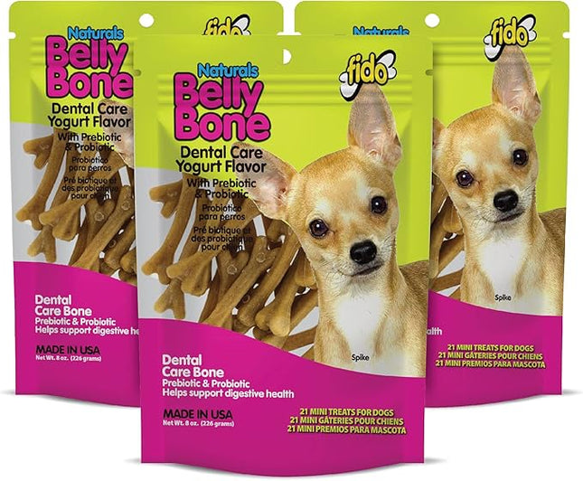 Fido - Belly Bones for Dogs, Yogurt Flavored Mini Dog Dental Treats - 21 Treats Per Pack, 3 Pack - for Small Dogs, Made in USA, Plaque & Tartar Control, Fresh Breath, Digestive Health Support
