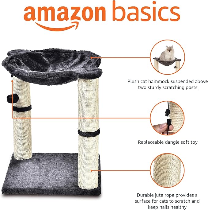 Amazon Basics Cat Condo Tower with Hammock Bed and Scratching Post,Easy to Assemble,Plush Hammock,Interactive Hanging Ball, Durable Sisal Scratch Posts for Indoor Cats, 15.8 x 15.8 x 19.7 Inches, Gray