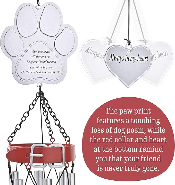 Pet Memorial Wind Chimes - 19" Rainbow Bridge Pet Memorial Gifts, Thoughtful Loss of Cat or Dog Gifts, Wind Chime with Poem and Red Collar, Durable Metal Outdoor Chimes Pet Sympathy Gift