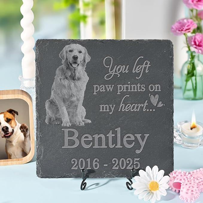 Pet Memorial Stone with Photo, Dog Memorial Gifts for Loss of Dog, Personalized Pet Memorial Gifts, Pet Loss Gift - Paw Prints On My Heart（Square）