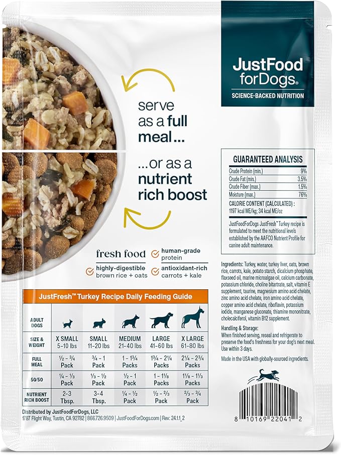 JustFoodForDogs JustFresh Home-Cooked Turkey Dog Food with No Preservatives, Resealable Packaging, Human Grade Wet Dog Food, 12 oz - 7 Pack