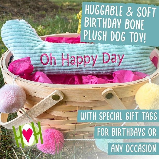 HuggleHounds Plush Dog Toy - Fuzzy Birthday Dog Toy, Plush Soft Fleece, Interactive Durable Stuffed, for Small and Large Breeds with Squeaker - Birthday Bone