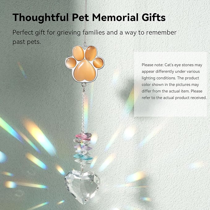 Pet Memorial Suncatcher - Dog Memorial Gifts, Pet Loss Sympathy, Thoughtful Dogs and Cats Bereavement Remembrance Gifts, Natural Cat's Eye Paw Crystal Suncatcher(Orange Red)