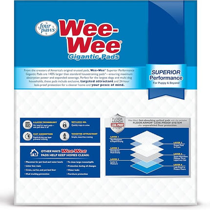 Four Paws Wee-Wee Superior Performance Unscented Large Pee Pads for Dogs & Puppies, Quilted Leak-Proof Dog Housebreaking Potty Training Floor Protection, 27.5" x 44", 100 Count