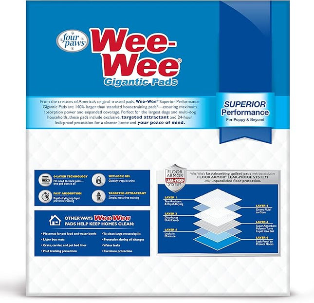 Four Paws Wee-Wee Superior Performance Unscented Large Pee Pads for Dogs & Puppies, Quilted Leak-Proof Dog Housebreaking Potty Training Floor Protection, 27.5" x 44", 100 Count