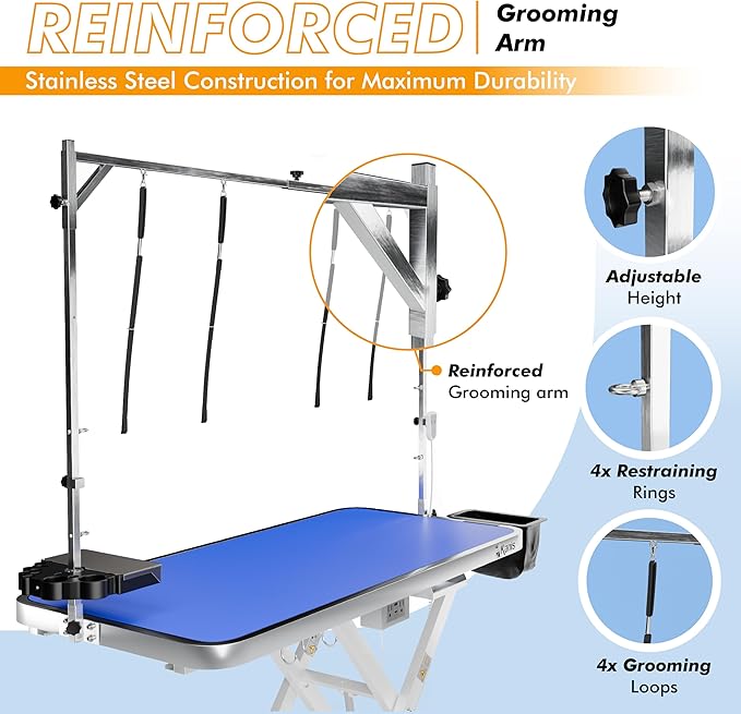 KANIS Professional Electric Dog Grooming Table - Heavy Duty, Height Adjustable Pet Grooming Table w/Leveling Wheels, Grooming Arm, Anti Slip Tabletop & Tool Organizer/Dog Grooming Station (60", WHITE)