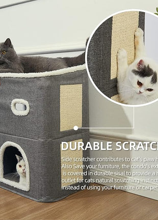 CATBOAT 2-Storey Cat House for Indoor Cats Bed, Covered Beds & Furniture with Scratch Pad and Hideaway Cave, Cute Modern Condo for Multi Small Pet Large Kitten Kitty, Grey