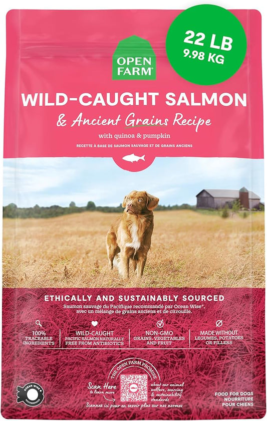 Open Farm, Ancient Grains Dry Dog Food, Protein-Rich & Nutrient Dense, 90% Animal Protein Mixed with Non-GMO Fruits, Veggies and Superfoods, Wild Caugh Salmon Recipe, 22lb Bag