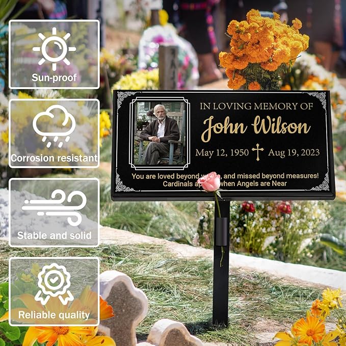 HDSD 12x6'' Personalized Pet Memorial Stones Black Granite Headstones for Dogs Laser Engraved with Photo (Gold Font + Photo Tile)