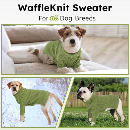 Queenmore Large Dog Sweater, Long Sleeve Dogs Sweater with Check Pattern, Fall Winter Warm Dog Sweaters for Large Breeds, Solid Pull-on Pet Sweaters, Green XL