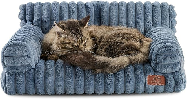 Hollypet Fluffy Plush Pet Cat Couch Soft Calming Pet Sofa Beds for Medium Small Cats and Dogs, Haze Blue