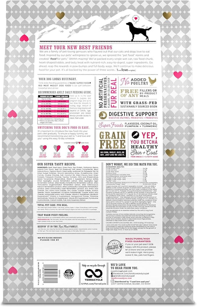 I and love and you Nude Super Food Dry Dog Food - Red Meat Medley - Prebiotic + Probiotic, Grain Free, Real Meat, No Fillers, 23lb Bag