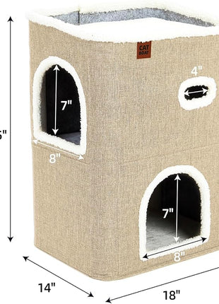 CATBOAT 2-Storey Cat House for Indoor Cats Bed, Covered Beds & Furniture with Scratch Pad and Hideaway Cave, Cute Modern Condo for Multi Small Pet Large Kitten Kitty, Brown