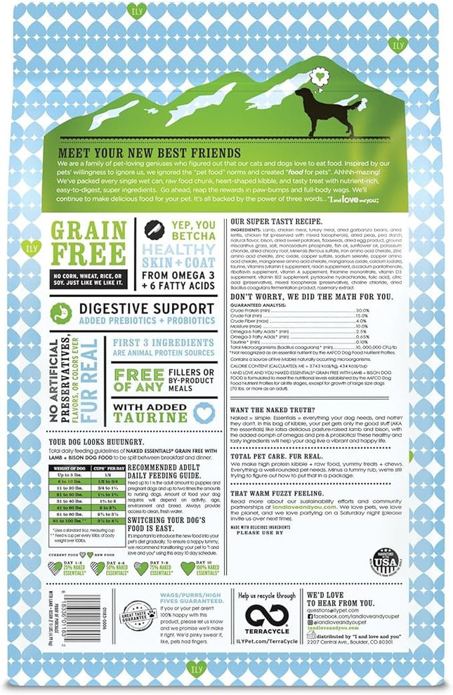 I and love and you Naked Essentials Dry Dog Food - Lamb + Bison - High Protein, Real Meat, No Fillers, Prebiotics + Probiotics, 11lb Bag