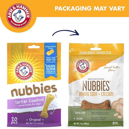 Arm & Hammer for Pets Nubbies Dental Treats for Dogs with Baking Soda and Calcium, Treat Chews Help Fight Bad Breath, Plaque & Tartar without Brushing, Peanut Butter, 20 Pcs (Packaging may vary)