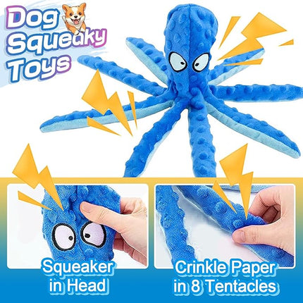 Alphatool Squeaky Dog Toys - 3pcs No Stuffing Octopus Soft Plush Crinkle Toys to Keep Them Busy, Interactive Essentials for Small Medium Pets Dogs Gifts, Blue/Purple/Orange