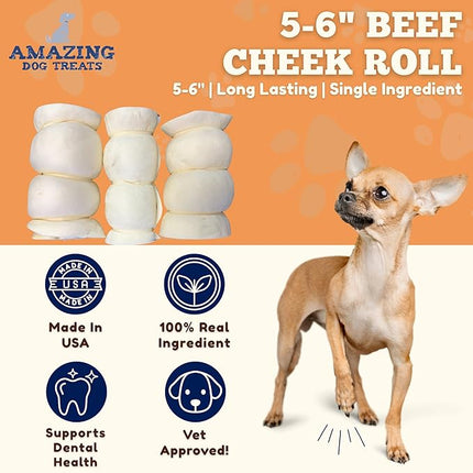 Amazing Dog Treats - Beef Cheek Rolls (Mega Thick 5-6" - 8 Pcs) - Safe Rawhide Alternative Dog Chew - Great for Power Chewers - Long Lasting Dog Chew - Retriever Rolls for Dogs