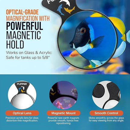 Flipper DeepSee 5" Magnetic Aquarium Viewer – Optical-Grade Magnifying Lens for Glass & Acrylic Tanks up to 5/8" Thick – Hands-Free Underwater Viewing for Fish, Corals & Aquarium Photography – Black