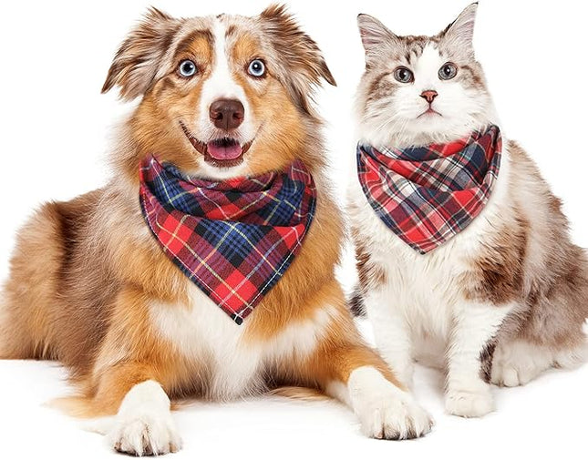 Honoson 6 Pieces Triangle Dog Bandana Dog Scarf Plaid Printing Adjustable Bibs Scarf Washable Square Kerchief Bandana Set for Small to Medium Puppy Cat(16.1 Inch,Red Style)