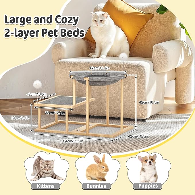 Pawaboo Elevated Cat Hammock Bed, 2-Tier Cats Bed with 2 Teasers, Wooden Cats Furniture with Kitten Scratching Mat,Double Cat Beds Interactive Stair Shaped Pet Hammock for Indoor Kitties Climbing