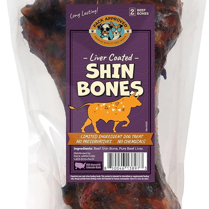 Beef Shin Bones for Dogs - Liver Coated Long Lasting Dog Chews for Aggressive Chewers - Rawhide-Free Big Bones for Large Dogs - Healthy Large Dog Bone (2 Pack)