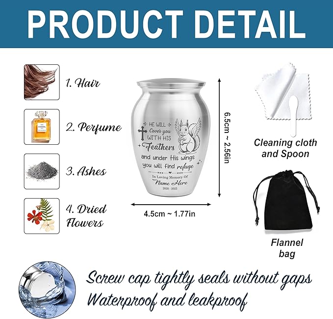 Artsy Woodsy Squirrel Memorial Mini Urn for Human Ashes Keepshake, Decorative Keepsake Urn with Engraved Squirrel 2.56 inch, Small Memorial Gifts for Pet Lovers (04, 2.56 x 1.77)