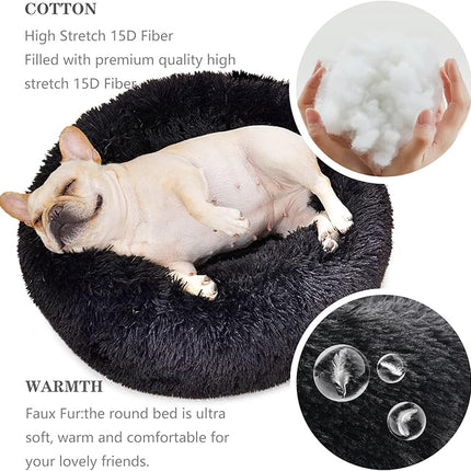 Black Dog Bed for Small Dogs Washble Calming 23 Inch Fluffy Plush Black Dog Bed Round Donut Machine Washable Small Pet Bed