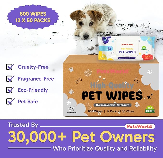PETSWORLD Pet Wipes for Dogs & Cats, Unscented, Hypoallergenic, Chemical-Free, Biodegradable (98%), Thick & Durable, Textured Grooming Wipes (Unscented, 1200 Count)