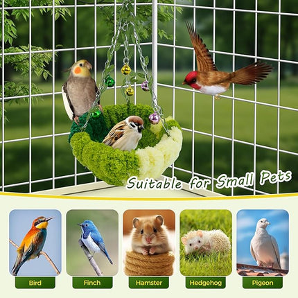 Bird Nest with Bell for Cage,Plush Hanging Bird Bed for Parakeet Indoor & Outdoor,Breeding Bird House for Conure,Budgie,Cockatiel,Lovebird,Canary,Finch,Hamster,Small Pets,Warm Nest,Green S
