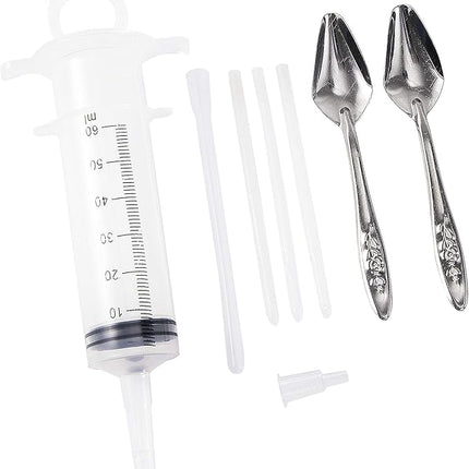 60ML Baby Bird Parrot Feeding Tubes, Liquid Medicine Feeder Push-Tube Pet Cat Dog Feeder with 2 Pcs Stainless Steel Metal Feeding Spoon