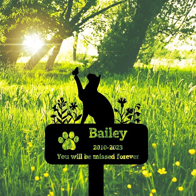 Personalized Metal Pet Memorial Garden Stake Cat Grave Marker, Custom Flowers Cat Memorial Grave Marker, Customized Memorial Stake Cat Garden Statue Pet Burial Marker Headstone for Cats