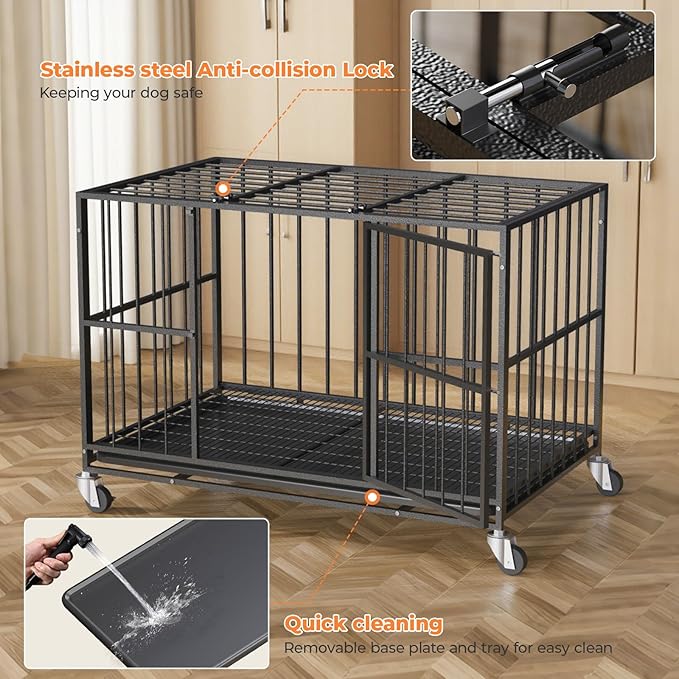 38 in Heavy Duty Dog Crate Steel Escape Proof, Indoor Double Doors and Lockable Wheels,Removable Tray, for Small and Medium Dog Breeds