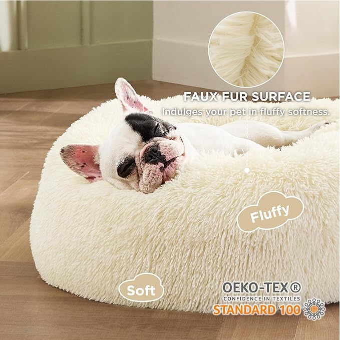 Bedsure Calming Dog Bed for Small Medium Dogs - Donut Washable Medium Pet Bed, 27 inches Anti-Slip Round Fluffy Plush Faux Fur Cat Bed, Ivory Beige