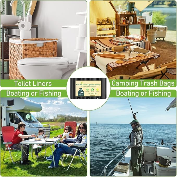 100 PCS Portable Toilet Bags for Camping, Drawstring Biodegradable Porta Potty Bag - 8 Gallon Thickened Waste Bag for 5 Gallon Bucket Toilets, Compostable Bags for Adults (100 Count)