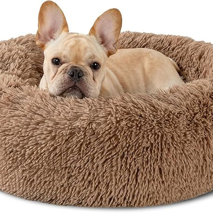 Dog Calming Beds for Small Medium Large Dogs - Round Donut Washable Dog Bed, Anti-Slip Faux Fur Fluffy Donut Cuddler Anxiety Cat Bed(24" Khaki