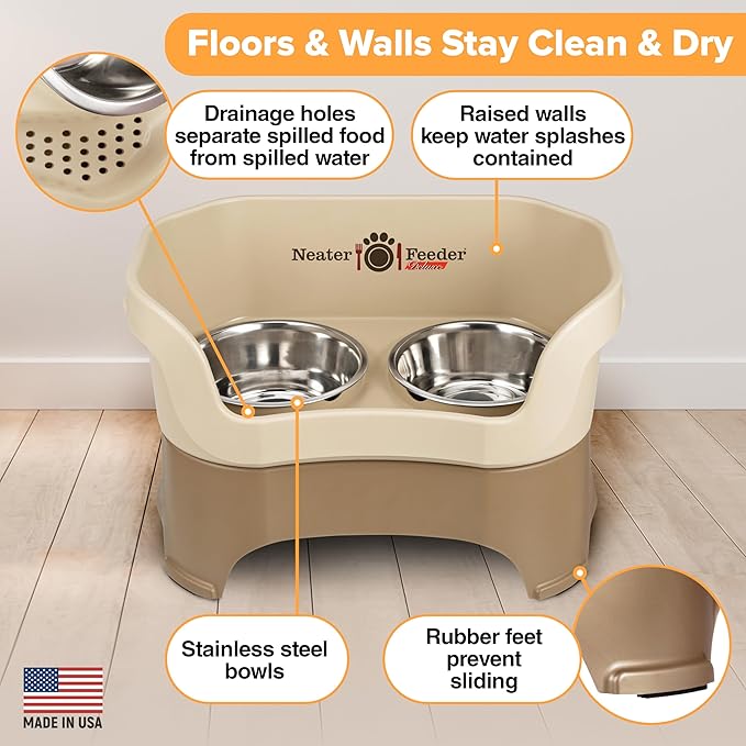 Neater Pet Brands Neater Feeder Deluxe Mess Proof Dog Bowls Elevated for Large Dogs Over 40 lbs, Made in USA, No Spill Raised Dog Food Bowl Stand Feeding Station, Food and Water Bowl Set, Cappuccino