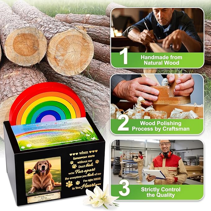 Wooden Rainbow Bridge Keepsakes Pet Urns, Handcrafted Dog/Cat Pet Urn, A Memorial Solemn Set, Pet Ashes Box with Photo Frame, Poem, Personalized Name Tag,Flannel Bag,Pet Sympathy Remembrance Gift