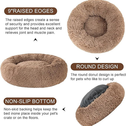 Dog Calming Beds for Small Medium Large Dogs - Round Donut Washable Puppy Dog Bed, Anti-Slip Faux Fur Fluffy Donut Cuddle Anxiety Cat Pet Bed(20'' Khaki