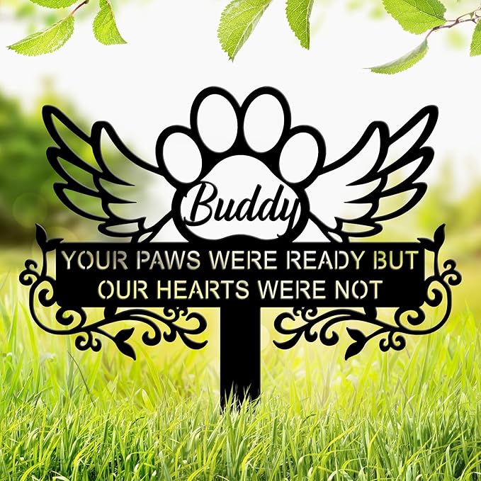 Personalized Angel Pet Memorial Grave Marker Dog Cat Paw, Custom Pet's Name Cemetery Decorations for Funerary, Metal Pet Burial Garden Stake, Outdoor Sympathy Angel Handstone Stake Plaque Gift for Loss Dog Cat