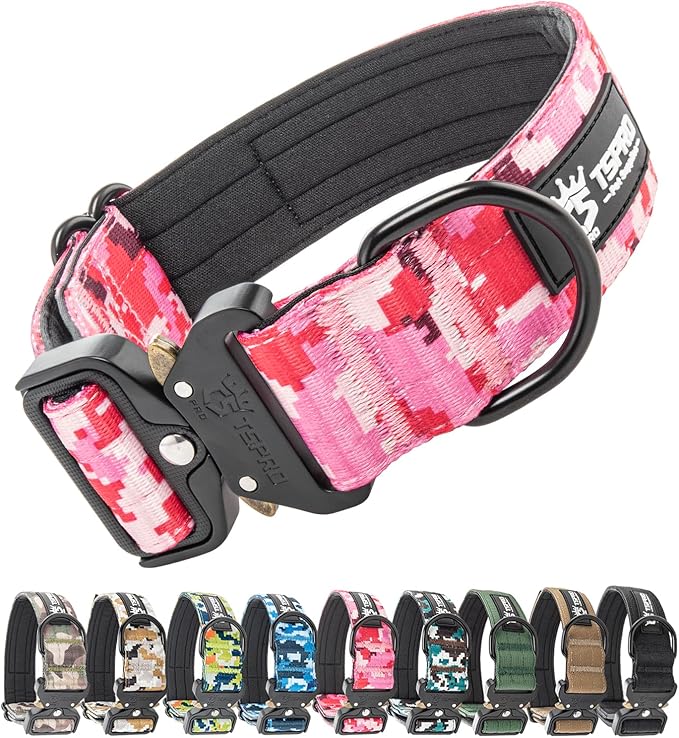 TSPRO Premium Dog Collars Tactical Dog Collar with Patch and Heavy Duty Quick-Release Metal Buckle Durable Thick and Adjustable for Medium to Large Dogs (Camo Pink M)