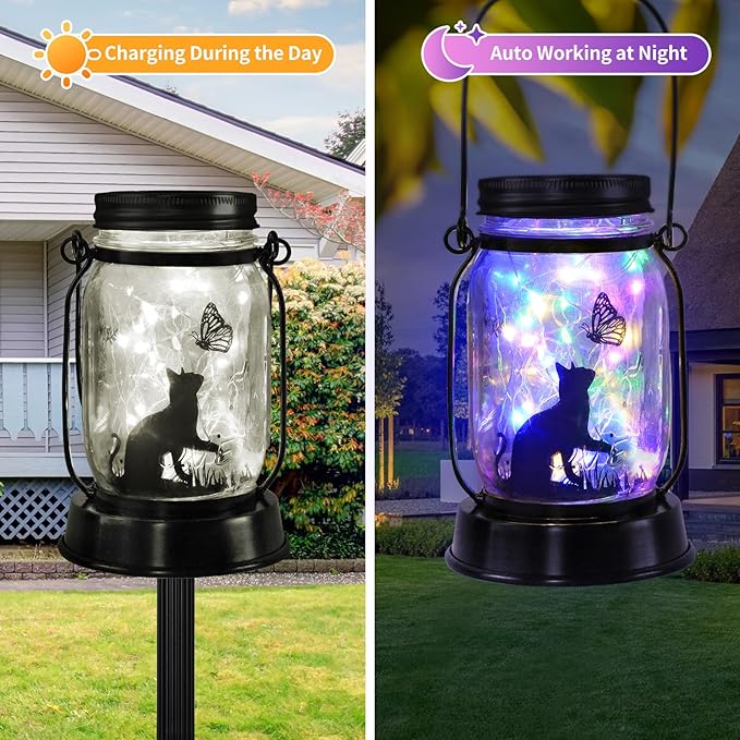 Cat Gifts for Women/Men Cat Solar Lanterns Kitty Mom Birthday Kitty Lovers Lantern Pet Loss Pet Memorial Lights Solar Garden Decoration for Yard, Patio,Backyard,Porch Torches