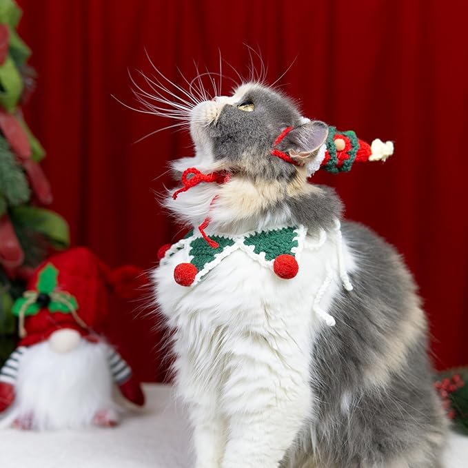 Christmas Cat Costume,Handmade Christmas Tree Dog Hat,Cat Outfit,Dog Costume,Adjustable Fit Five-Pointed Star Kitten Clothes,Pet Accessories for Party,Outgoing