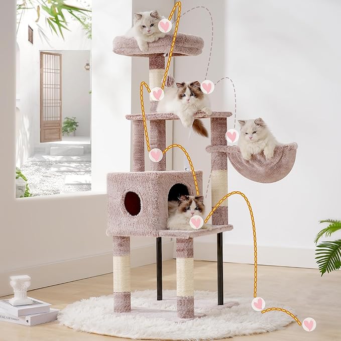 Heybly Cat Tree, 49.2 Inches Cat Tower for Indoor Cats, Spacious Cat House Condo with Hidden Space，Sturdy Steel Tube，Soft Plush Top Perch，Cozy Hammock and Sisal Scratching Posts, Muchroom HCT200SMU
