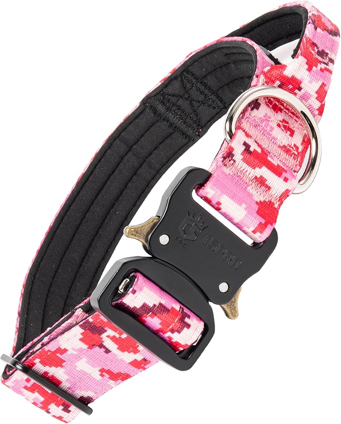 TSPRO Premium Dog Collars Tactical Dog Collar with Handle and Heavy Duty Quick-Release Metal Buckle Durable Thick and Adjustable for Medium to Large Dogs (Camo Pink M)