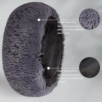 Calming Anti-Anxiety Donut Dog Bed for Small Medium Dogs - 23 Inches Dark Gray, Washable Fuzzy Puppy Bed Fits up to 15 lbs Pets