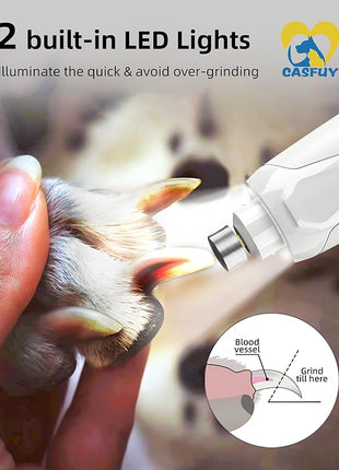 Casfuy Dog Nail Grinder Quiet - (45db) 6-Speed Pet Nail Grinder with 2 LED Lights for Large Medium Small Puppy Dogs/Cats, Professional 3 Ports Rechargeable Electric Dog Nail Trimmer with Dust Cap