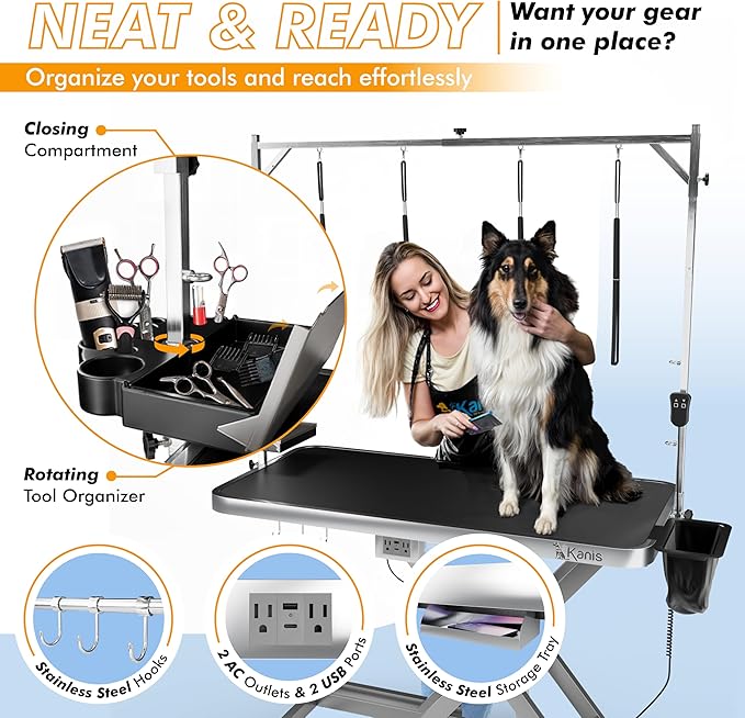 KANIS Professional Electric Dog Grooming Table - Heavy Duty, Height Adjustable Pet Grooming Table w/Leveling Wheels, Grooming Arm, Anti Slip Tabletop & Tool Organizer/Dog Grooming Station (49", Grey)