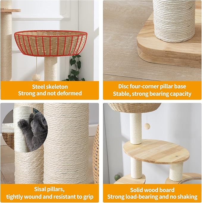 59" Big Modern Cat Tree Tower, Cat Tower Sisal-Covered Scratching Posts for Indoor Cats, Oak Wood Cat Tree for Large Cats, Multi-Level Cat Condo with Space Capsule Nest, Cat Furniture Activity Centre