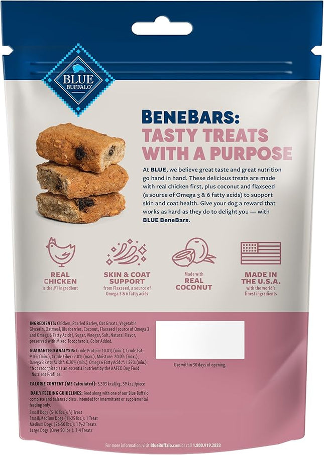 Blue Buffalo BeneBars Skin & Coat Support Dog Treats with Omega 3 & 6 Fatty Acids, Made with Natural Ingredients, USA Chicken & Coconut, 9-oz. Bag