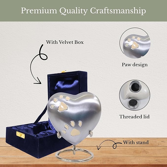 NORSE'S TRADECRAFT Pet Memorial Urn for Ashes| Heart Urn with Paw Engraved Design | Handcrafted Memorial Gifts | Pet Loss Sympathy Gift |Ashes Keepsake with Velvet Box and Stand | Silver - 3 cu in